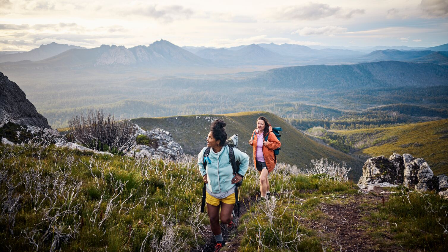 Adventurous, active women exploring the wild beauty of Tasmania, Australia.