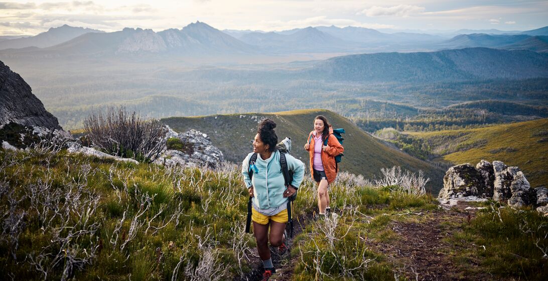 Adventurous, active women exploring the wild beauty of Tasmania, Australia.