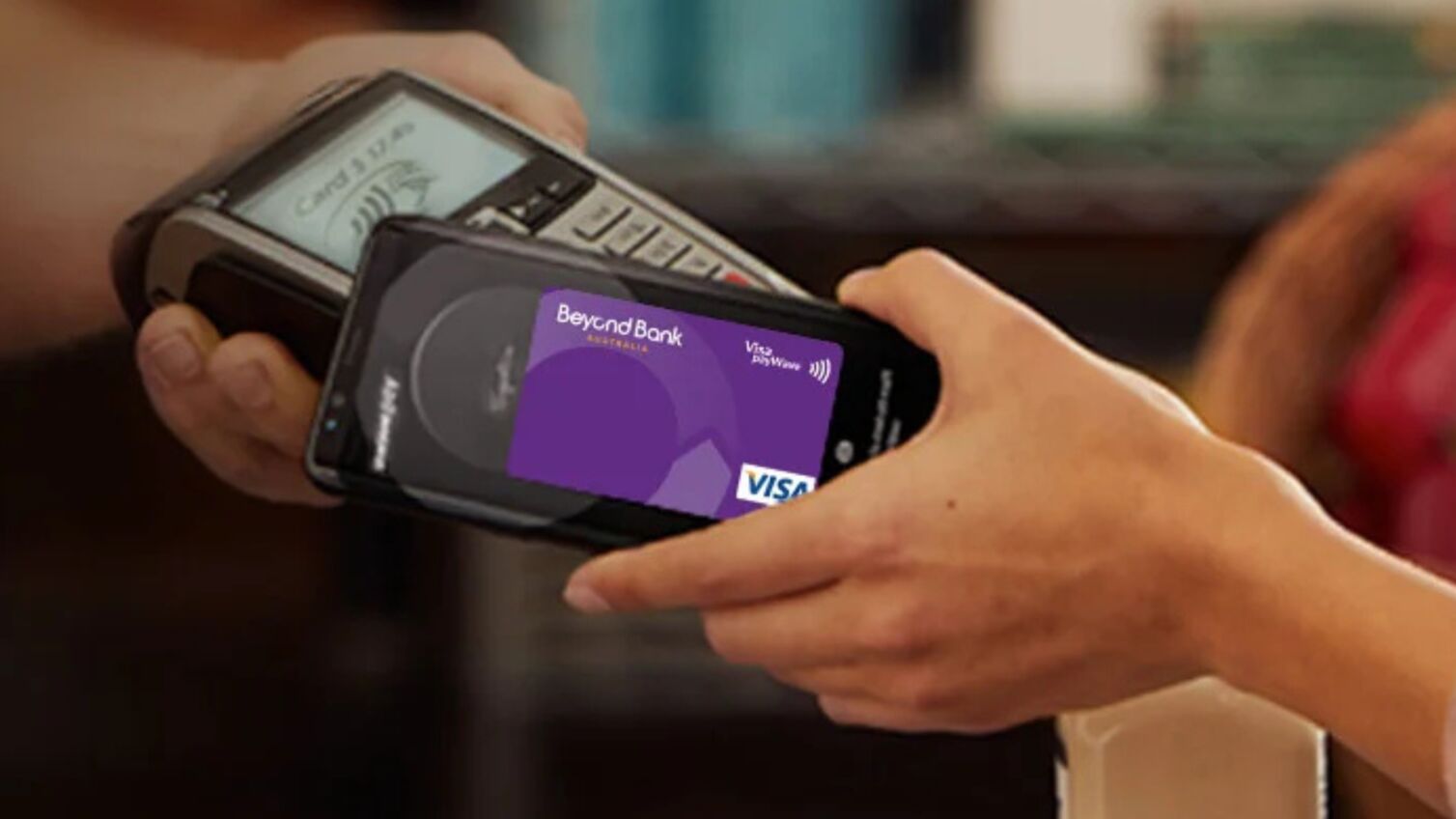 Beyond Bank Digital Card being tapped on an EFTPOS machine using Samsung Pay