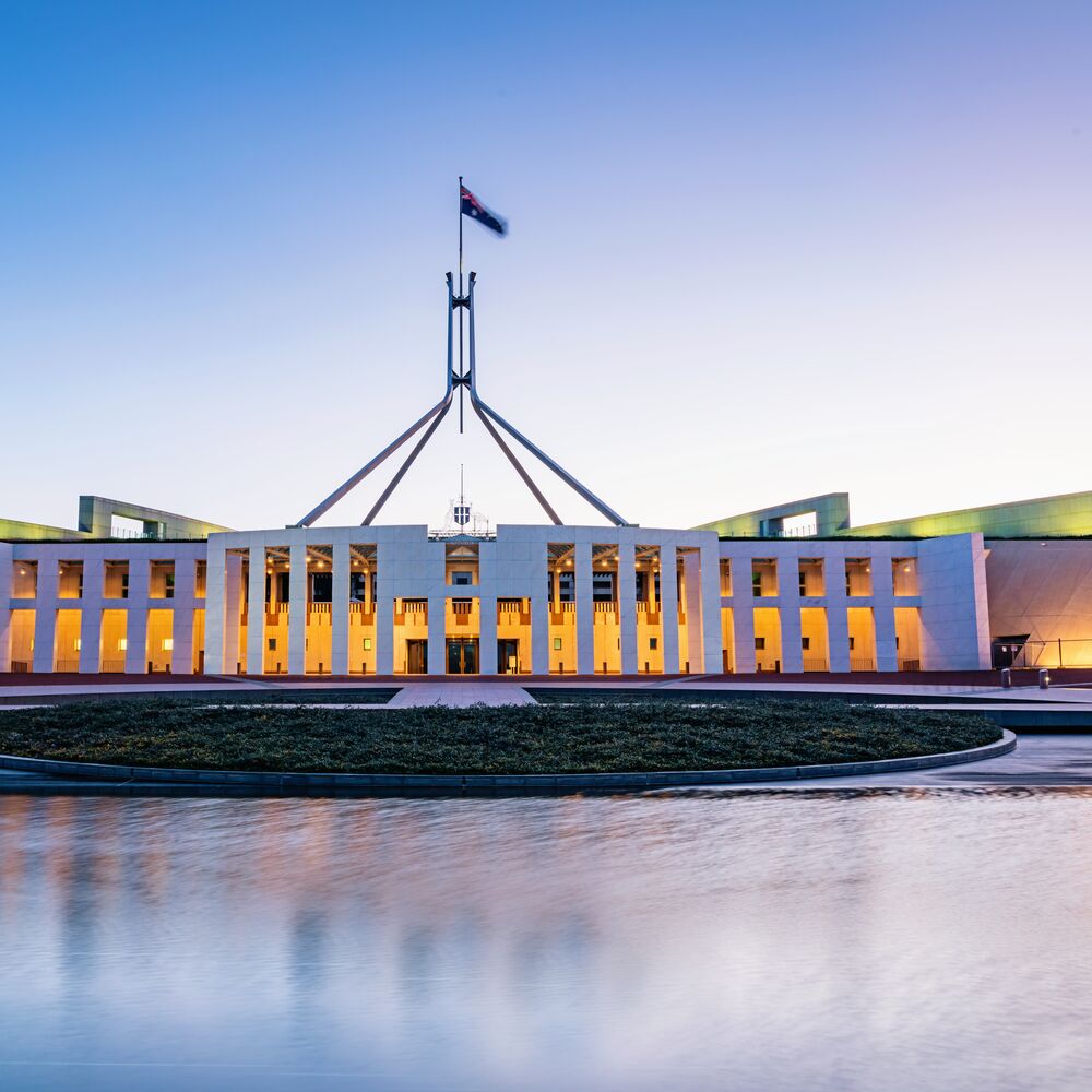 The Australian Parliament House, the meeting place of the Parliament of Australia at twilight,, night. Capital Hill, Canberra, Australian Capital Territory, Australia