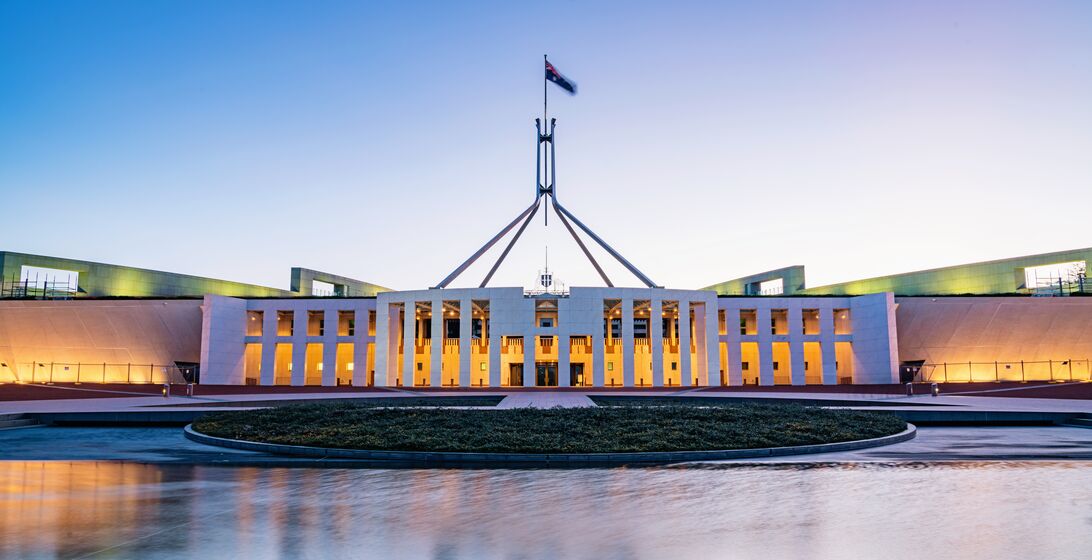 The Australian Parliament House, the meeting place of the Parliament of Australia at twilight,, night. Capital Hill, Canberra, Australian Capital Territory, Australia