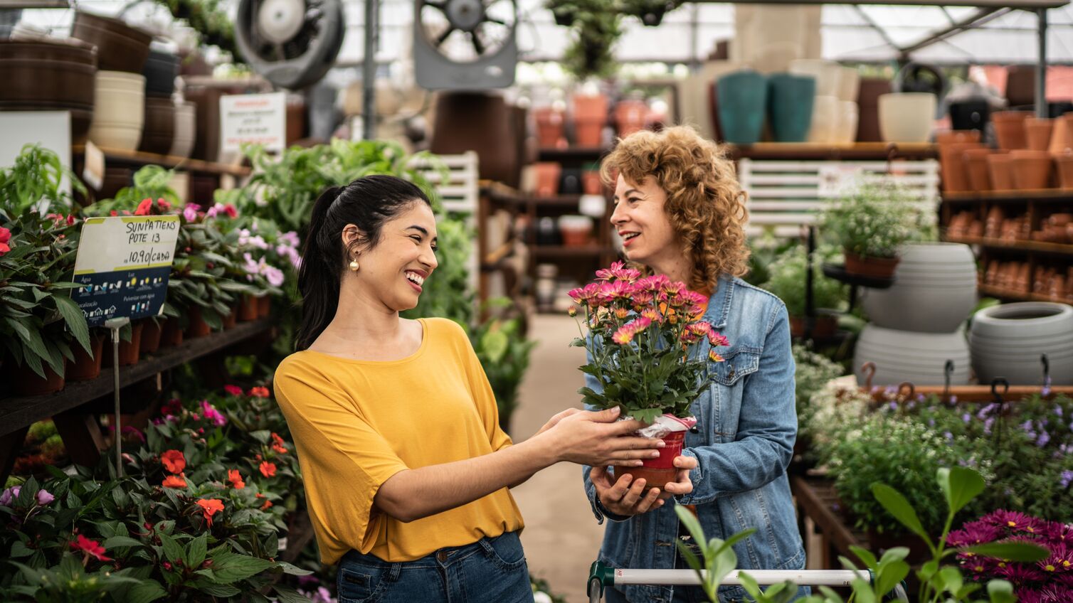 Friends buying plants at a garden center