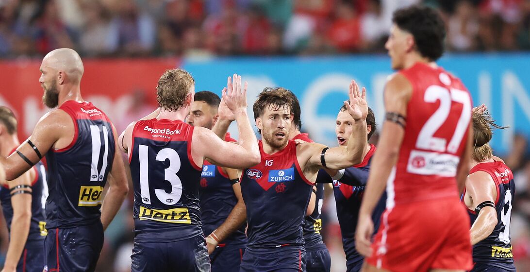 SYDNEY, AUSTRALIA - MARCH 07:  Jack Viney of the Demons celebrates with team mates after kicking a goal during the Opening Round AFL match between Sydney Swans and Melbourne Demons at SCG, on March 07, 2024, in Sydney, Australia. (Photo by Matt King/AFL Photos/Getty Images via AFL Photos)