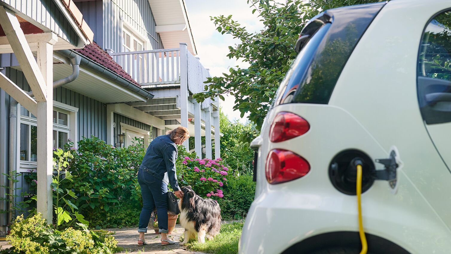 An electric vehicle with a dog and owner in the background