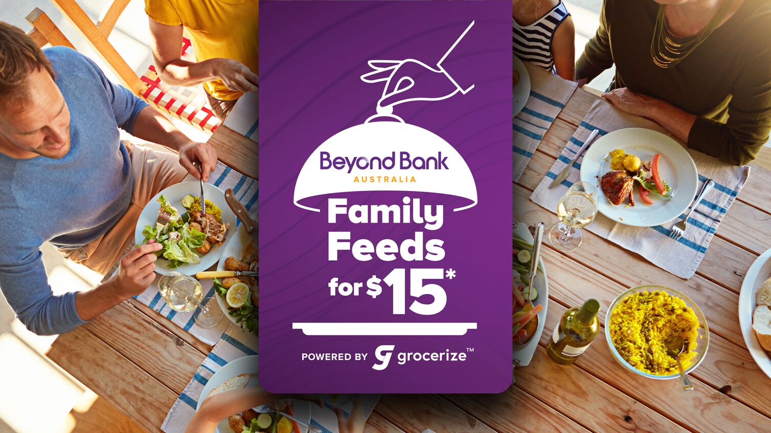 Family eating dinner at a table with a text overlay that reads "Family Feeds for $15*"